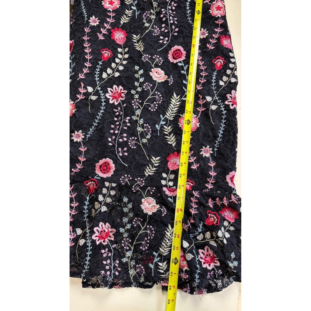Siena Women Black Floral Embroidered Lace Midi Dress Mermaid Flounce Hem Size 14 - Picture 9 of 11
